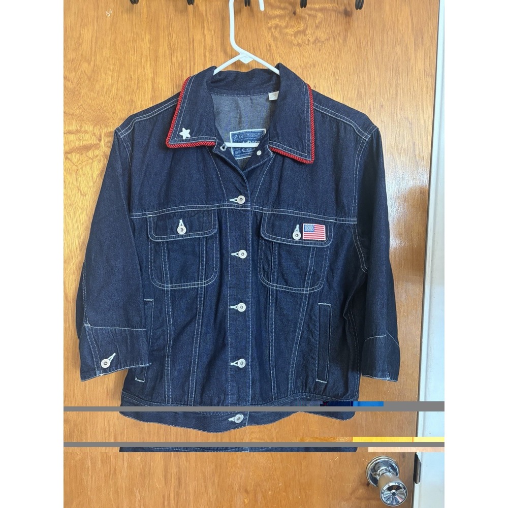 Y2K Liz Claiborne Denim Jacket Womens L USA Flag Nautical Americana Dark Wash